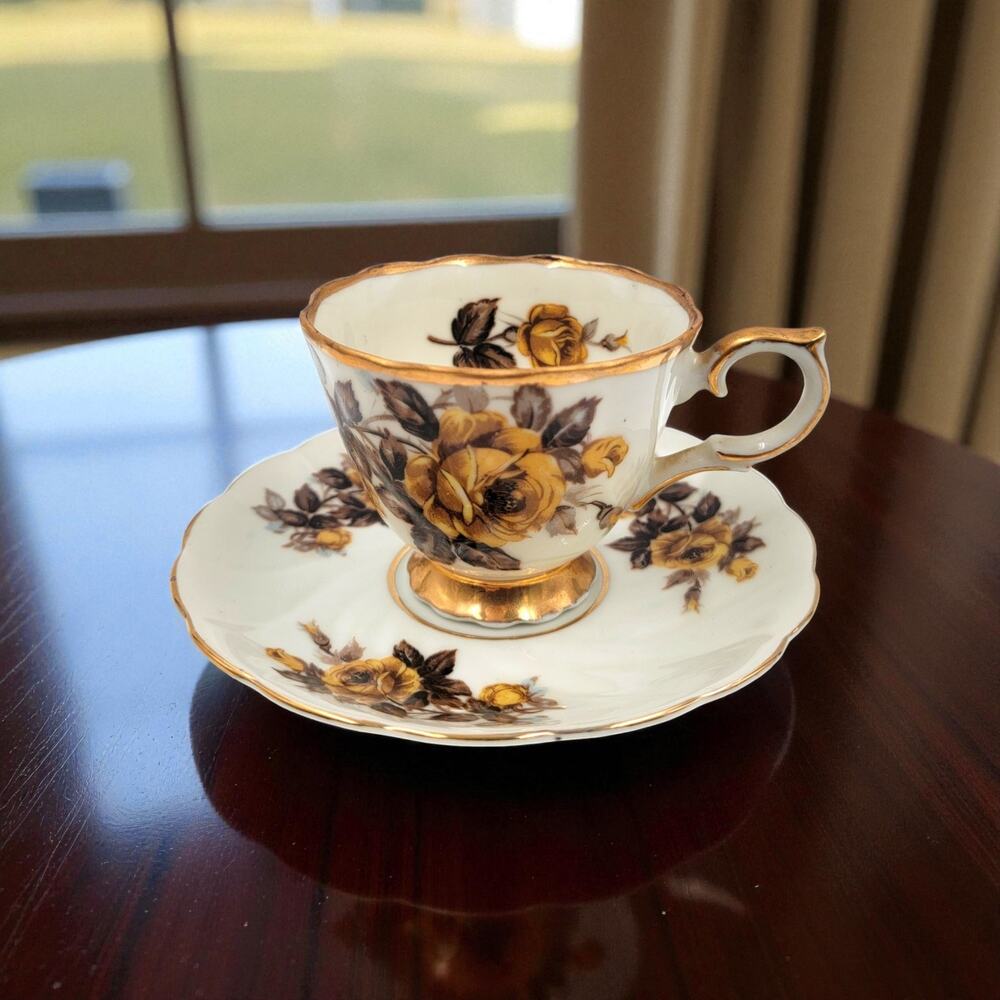 Yellow Rose Footed Tea Cup & Saucer Japan Porcelain Gold Trim Footed Cup 1960's